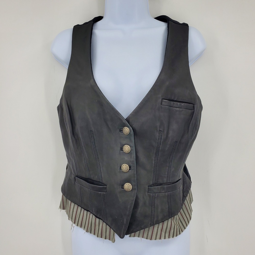 Vintage Bebe Leather Vest Black Velvet Striped Peplum Ornate‎ Button Grunge Goth